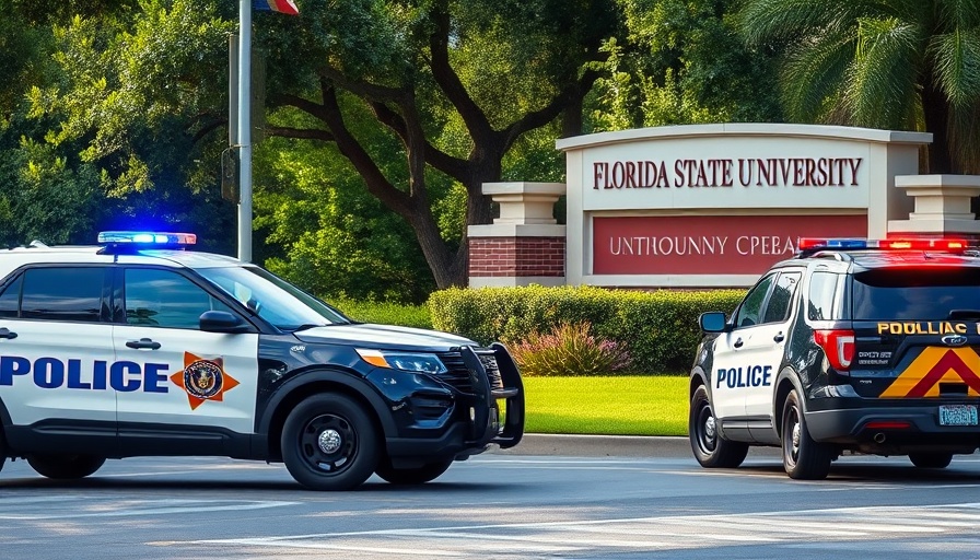 Police vehicles respond at Florida State University entrance scene.