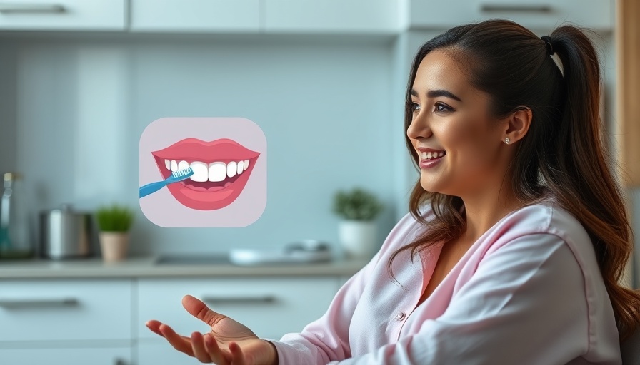 Young woman explaining dental and mental health link, overlay of tooth brushing.