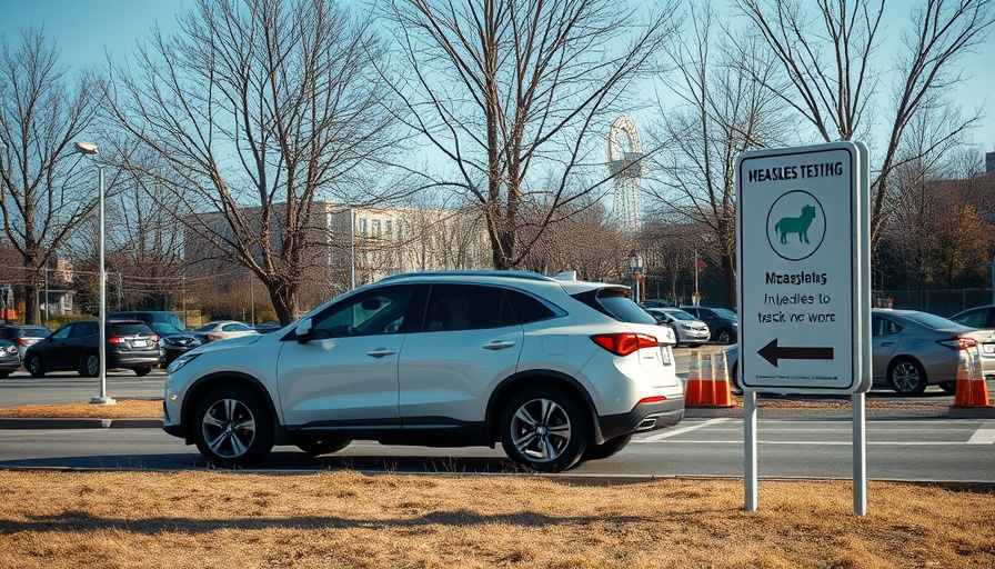 SUV passing measles testing sign during outbreak in Ohio and Indiana.