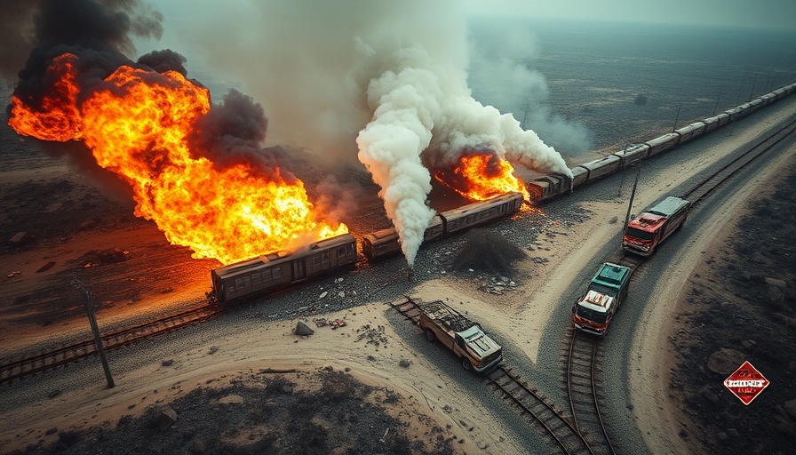 Aerial view of train derailment with flames and smoke in barren landscape.