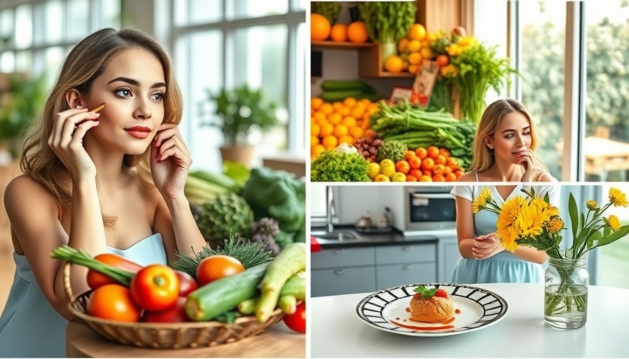 Self-care weekend in L.A. collage with woman, produce, and dishes.