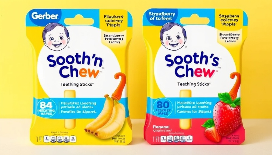 Gerber teething sticks packaging in banana and strawberry apple flavors.