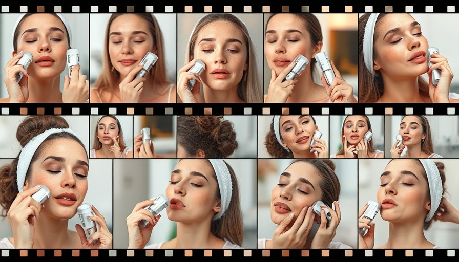 Collage of people using microcurrent devices for skin care.