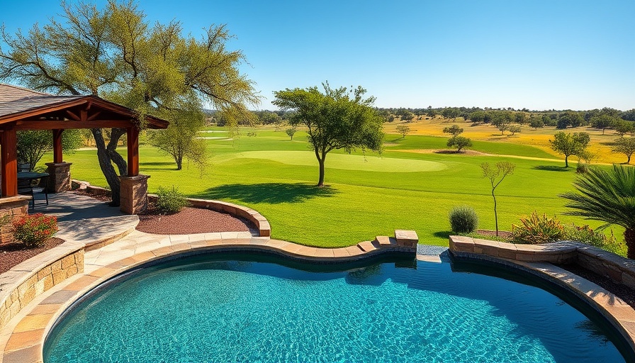 Serene backyard with pool and golf course view, sunny day.