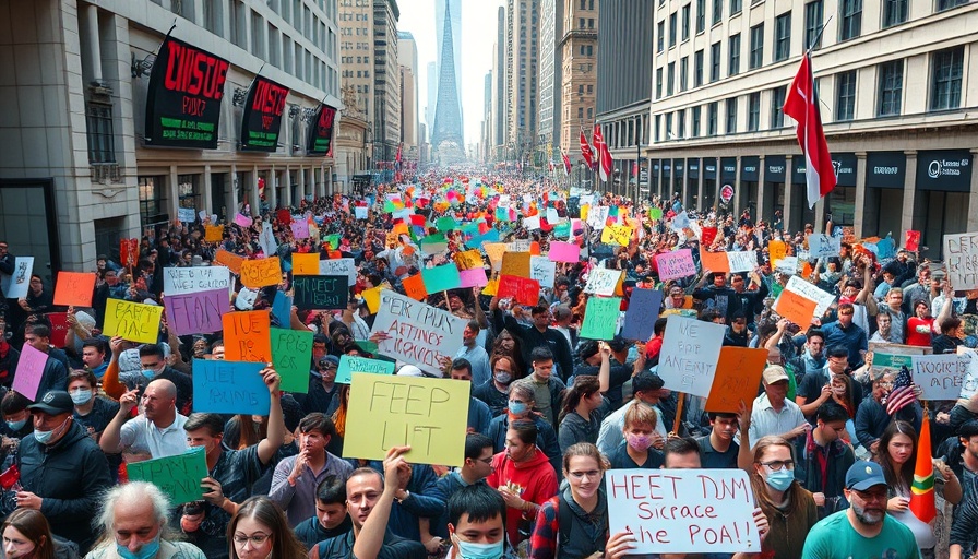 Aerial view of anti-Trump protests nationwide, crowded city street.
