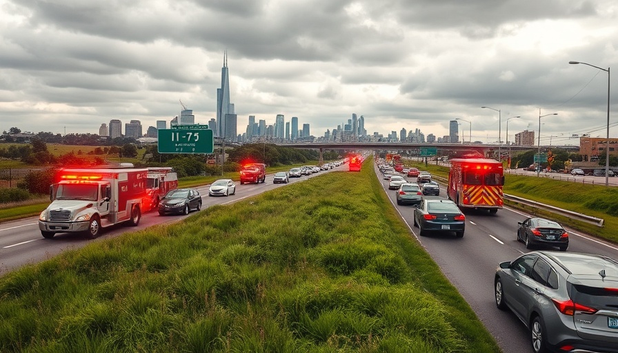 I-75 accident scene with emergency vehicles on overcast day