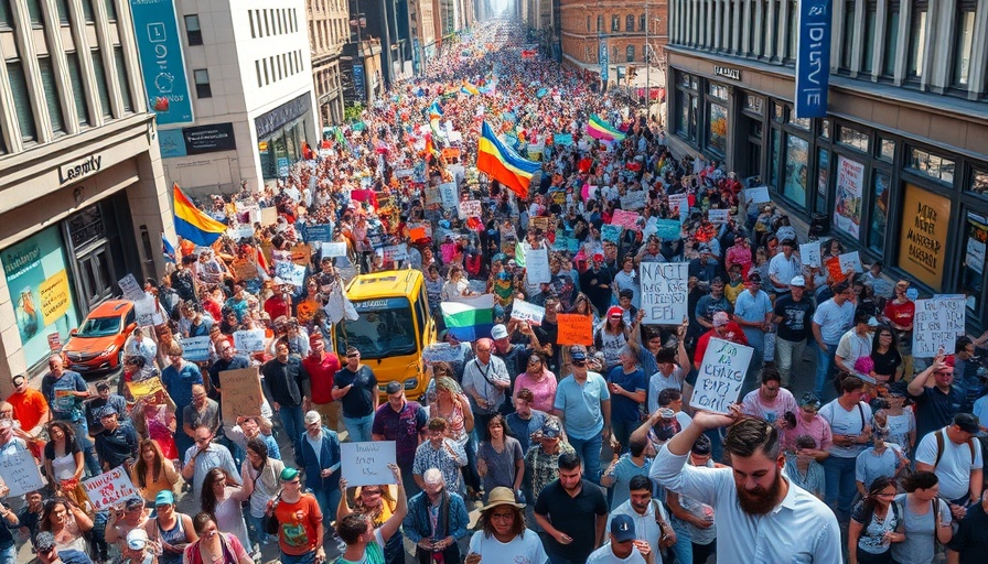 Aerial view of large anti-Trump protest in city street.