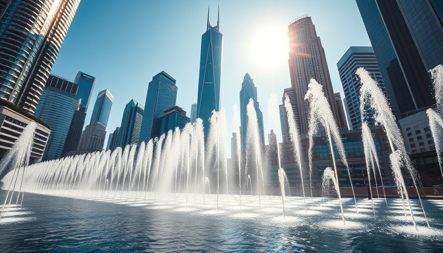 Modern skyscrapers and fountains under clear sky, symbolizing AI in lawmaking.