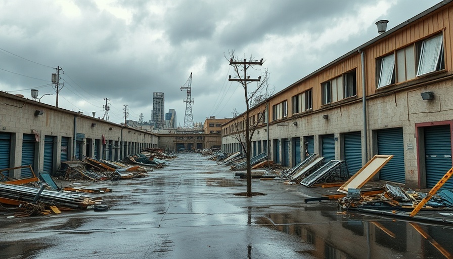 Oklahoma Texas tornado flooding aftermath with damaged buildings.
