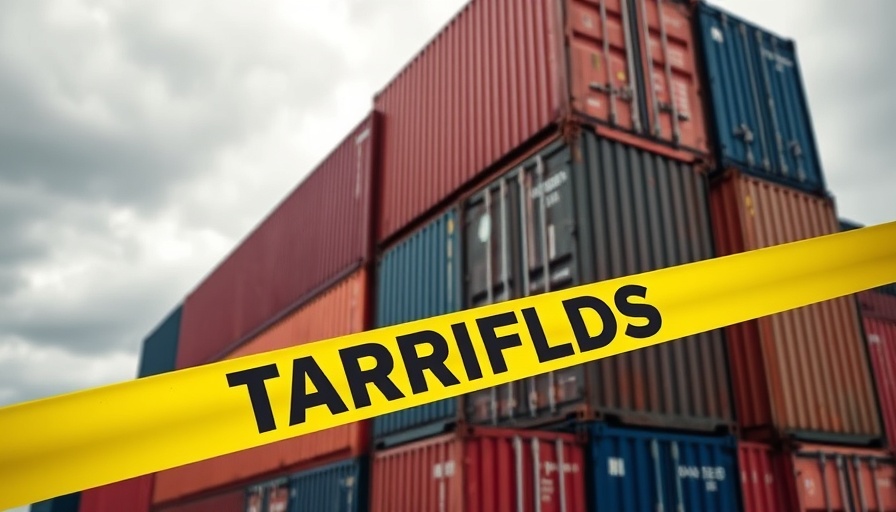 Shipping containers with 'TARIFFS' tape representing trade restrictions.
