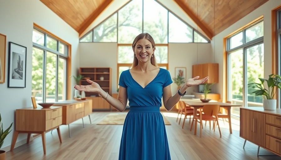 Mid-century modern home renovation walkthrough with woman in blue dress.