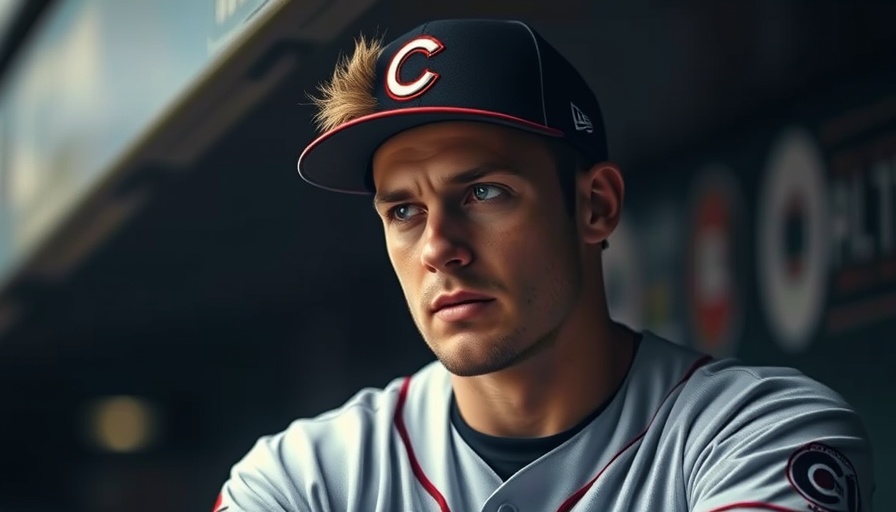 Focused baseball player in Cincinnati uniform in dugout, thoughtful.