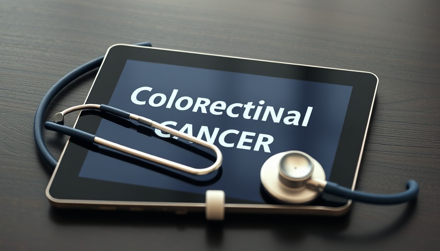 Tablet displaying 'Colorectal Cancer' with stethoscope, concept of colorectal cancer cardiovascular mortality risk.