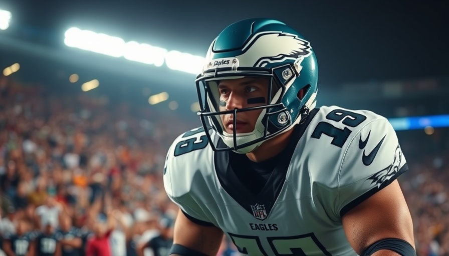 Cam Jurgens in Eagles uniform focused on football snap during night game.