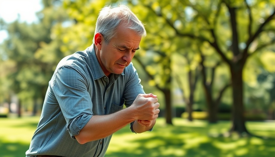 Middle-aged man experiencing knee pain during outdoor exercise.