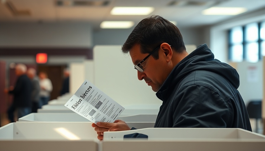 Ohio voter reading ballot on infrastructure measure at election booth.