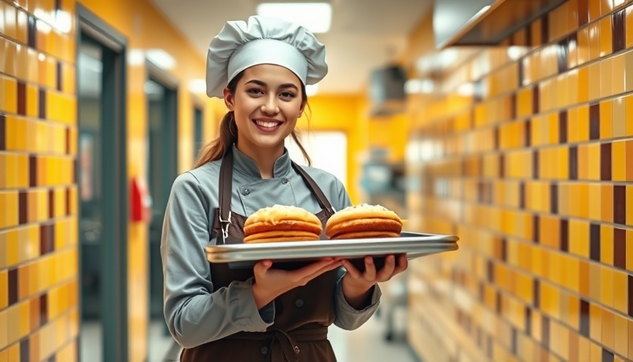 Ohio student chef showcasing baked goods in kitchen corridor.