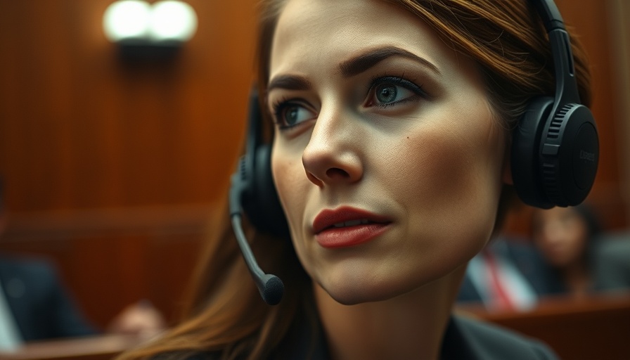 Woman in courtroom scene with headset, focused expression.