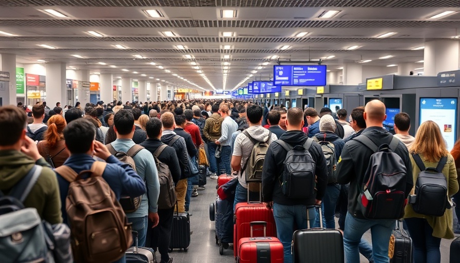 Travelers in long airport line face steep travel costs.