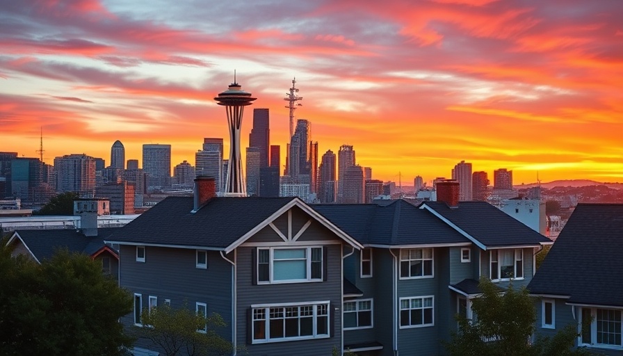 Seattle skyline at sunset with real estate foreground.
