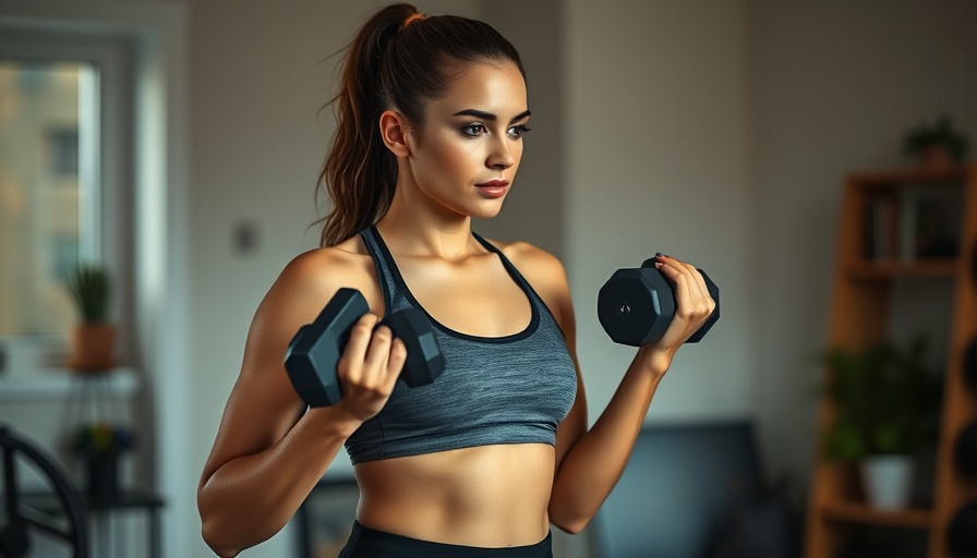 Woman performing shoulder exercise with dumbbells indoors, focus on posture.