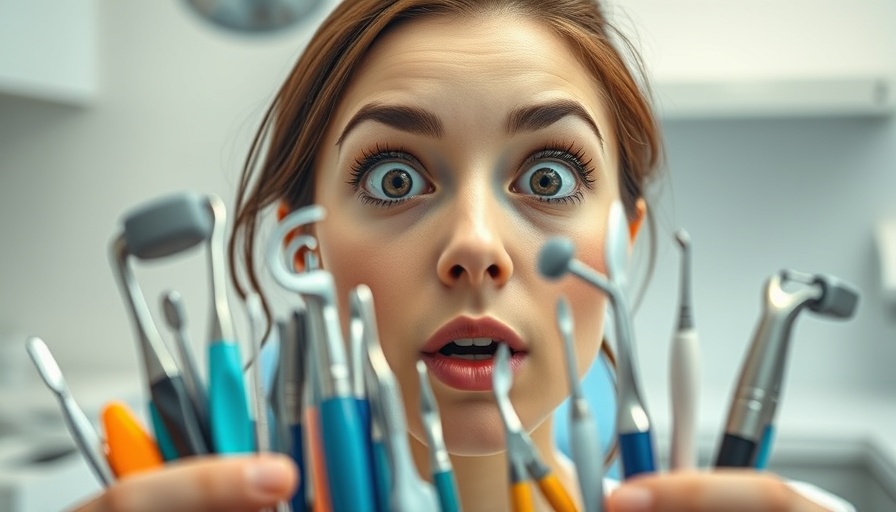Assorted dental tools used in teeth cleaning, displayed by surprised woman.