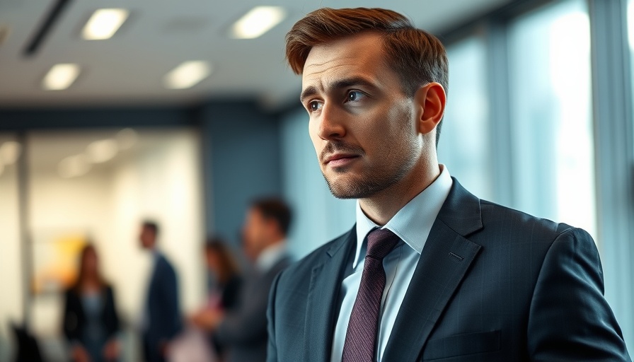 Thoughtful man in a suit at an indoor office setting.