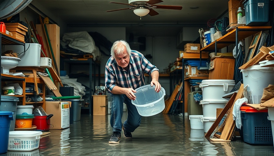 Elderly man cleans up flood in cluttered garage for financial relief.