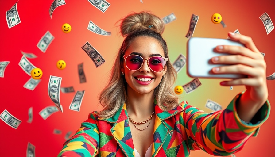 Vibrant woman posing with flying money and emojis, TikTok Recession Preparation.