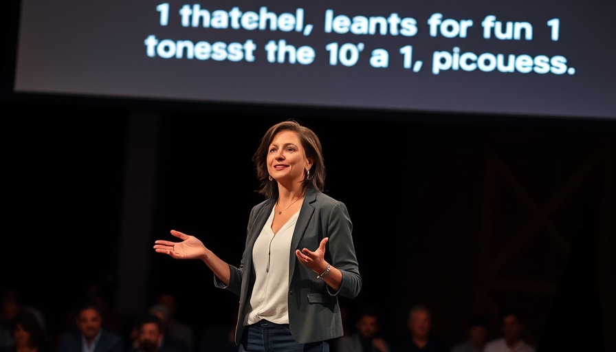 Woman presenting on stage about transitioning to real estate freedom.