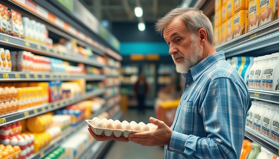 Man examining eggs in grocery store, Americans pessimistic about economy influence.