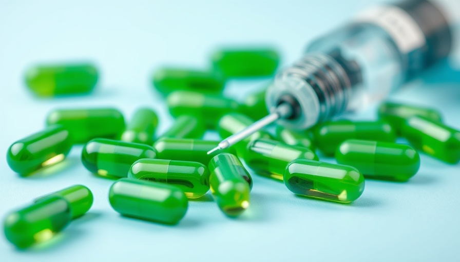 Green capsules and syringe on blue surface for Glucocorticoid-Induced Adrenal Insufficiency