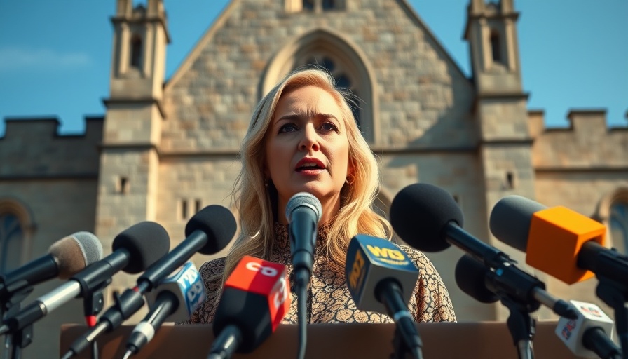 Blonde woman speaking at press conference against stone building.