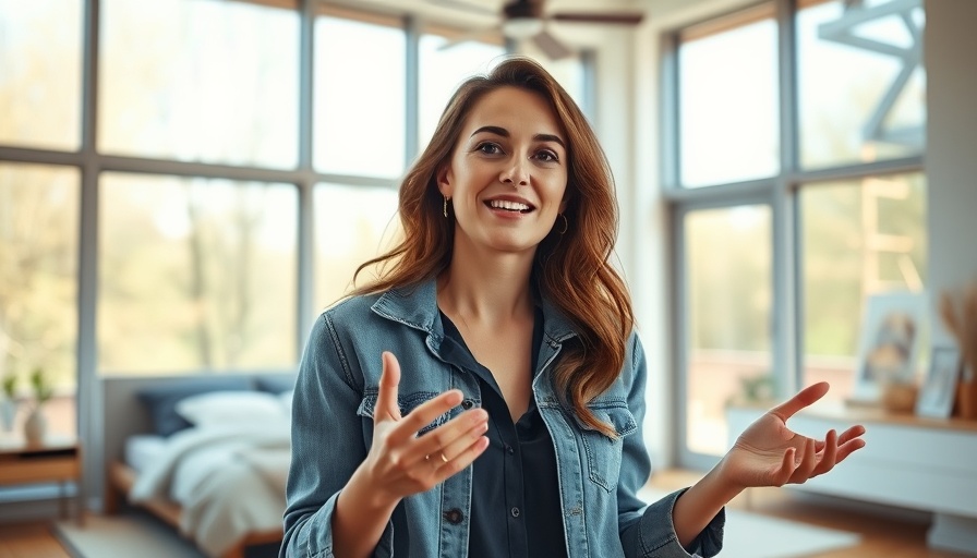 Woman explaining home makeover insights in modern bedroom.