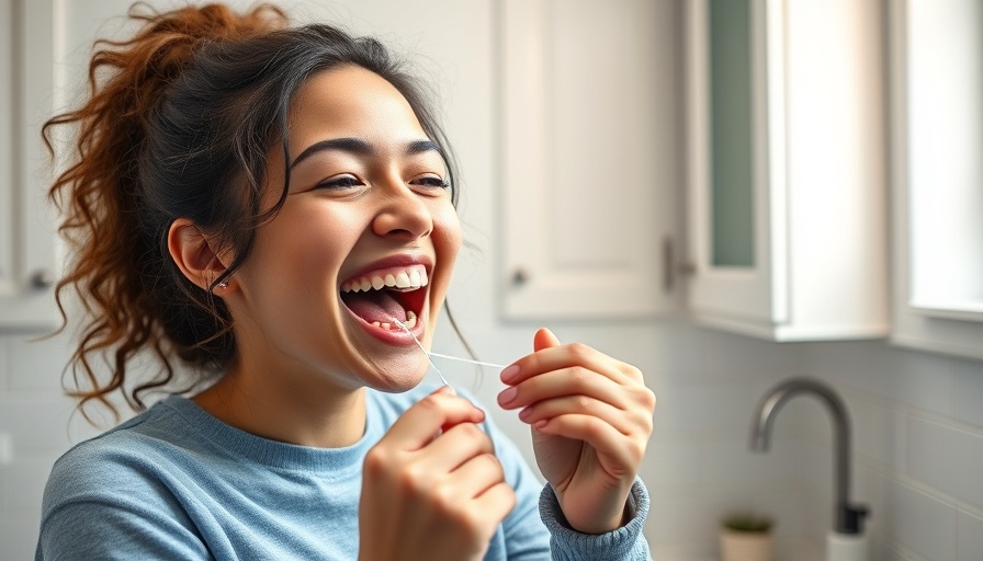 Young woman flossing teeth, packing dental products for travel.