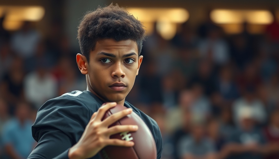 Focused athlete holding football, preparing to throw.