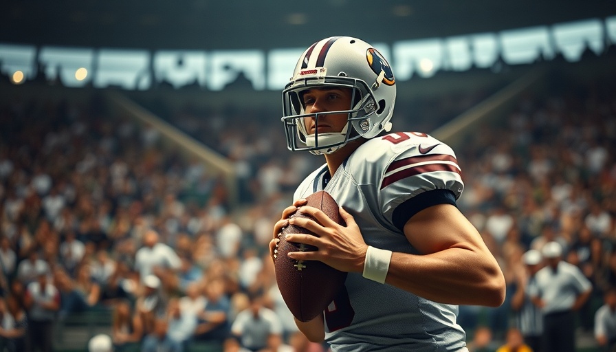 Football player preparing to pass amid a crowded sports arena.