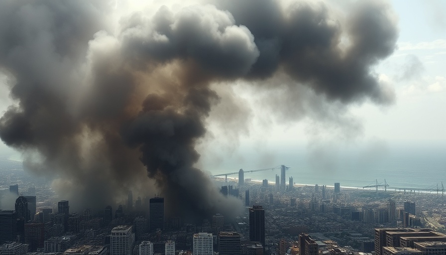 Aerial view of smoke rising over Beirut during Israeli airstrikes aftermath.