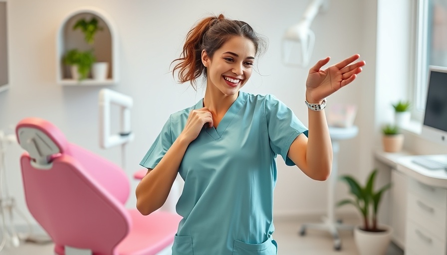 Woman performing dental hygiene dance moves in a dental office.
