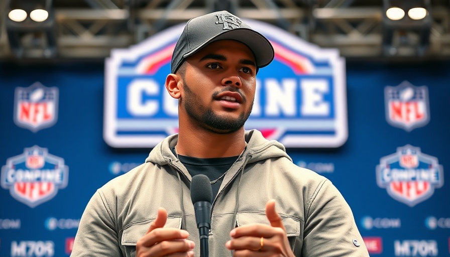 Young quarterback at NFL event addressing media, vibrant setting.