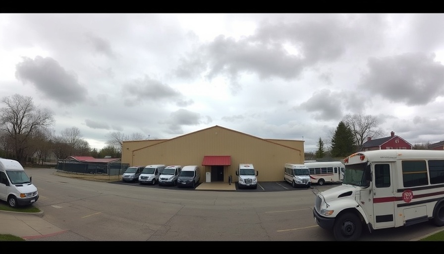 Vehicles, including a bus, parked outside a beige warehouse in Chatham, Illinois.