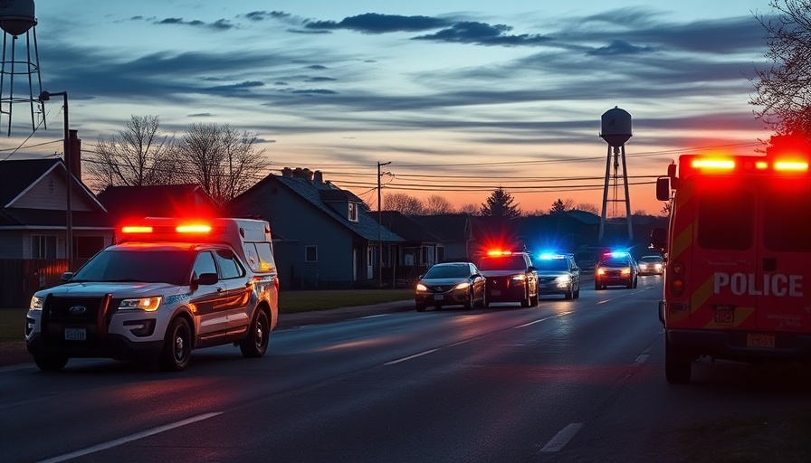 Emergency vehicles block road at accident scene during twilight in Illinois.