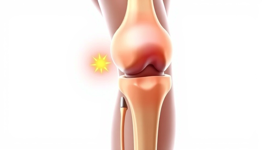 Anatomical illustration of knee pain, highlighting inflammation.