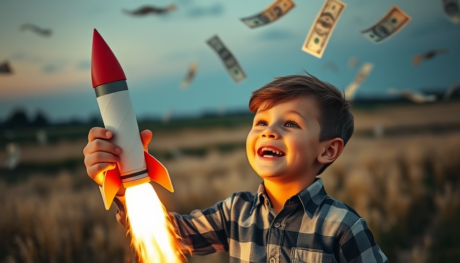 Joyful boy launching toy rocket, symbolizing investment strategies.