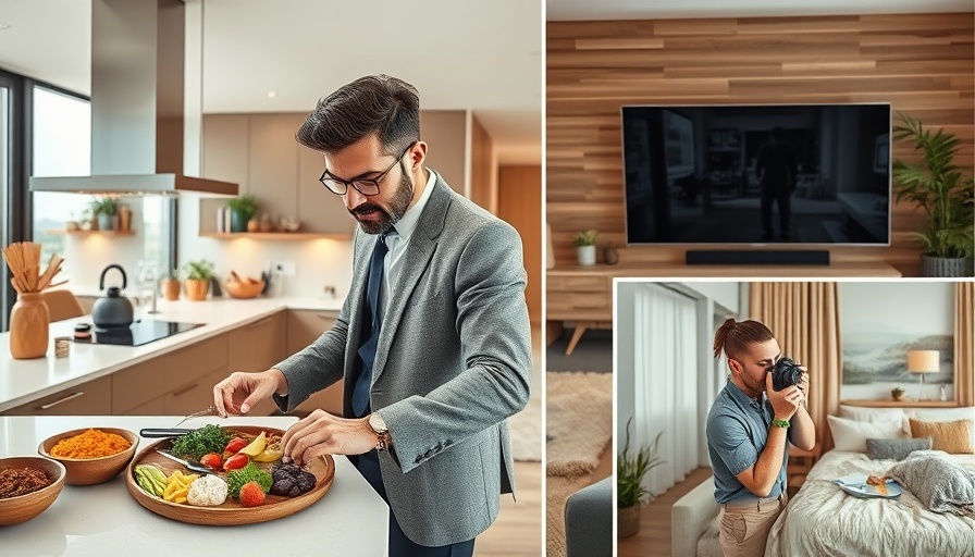 Business owner's productive day collage with cooking, living room, meals.