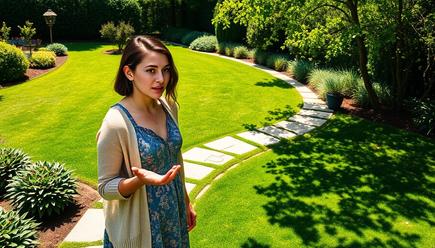 Woman discussing backyard transformation in lush garden.