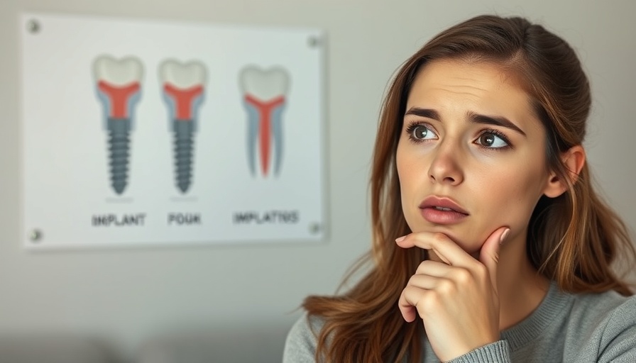 Concerned young woman pondering dental implants, informative dental illustration.
