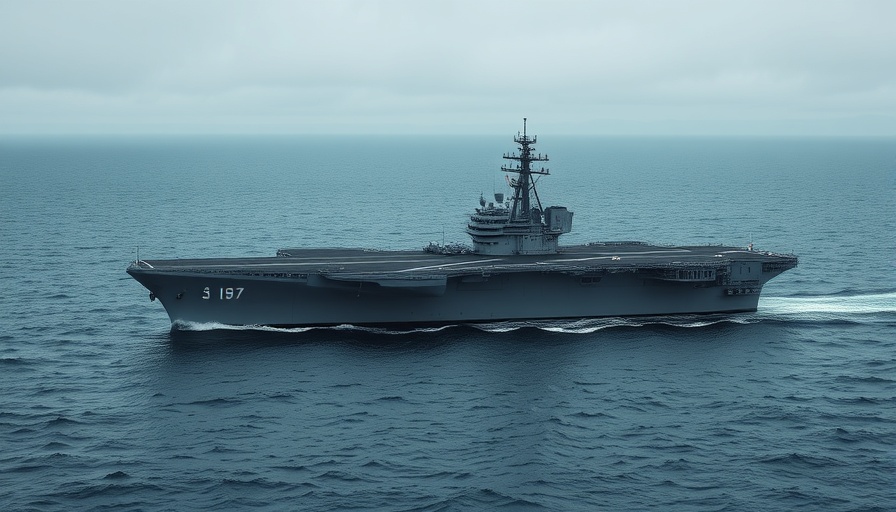 Aircraft carrier at sea under cloudy sky.