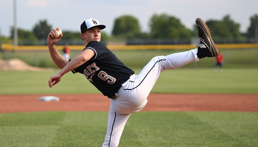 Baseball pitcher in action mid-throw on the field.