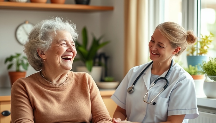 Trump's Immigration Policies and Home Healthcare Costs depicted with happy senior and nurse in home.